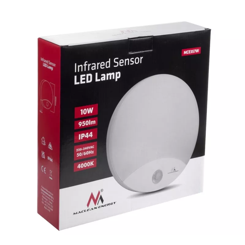 Lampada LED da parete MACLEAN MCE357W con sensore di movimento IR, bianca, per esterni e interni
