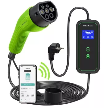 Caricabatterie mobile EV Qoltec regolabile 2in1 Type2 | 3.5kW | 230V | Wi-Fi | LCD | portatile | wallbox | 5m