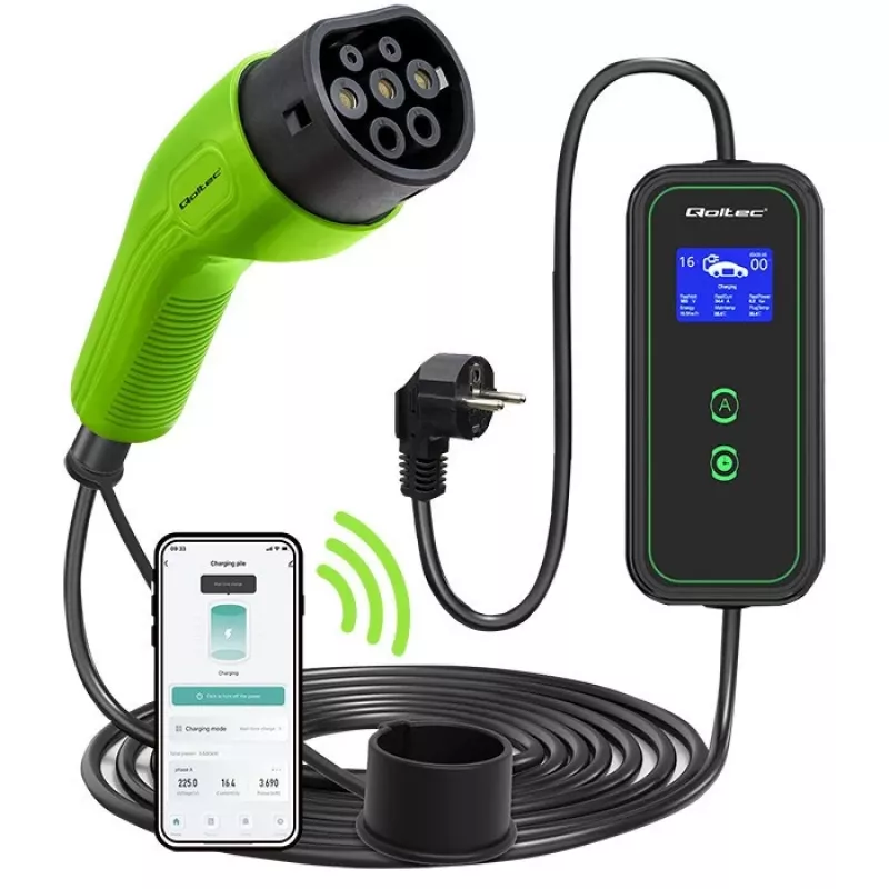 Caricabatterie mobile EV Qoltec regolabile 2in1 Type2 | 3.5kW | 230V | Wi-Fi | LCD | portatile | wallbox | 5m