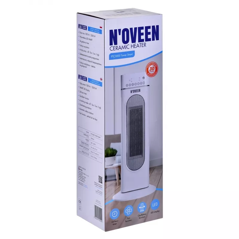 Termoconvettore in ceramica elettrico NOVEEN PTC3000, 2000 W (1200 W min), display LED, timer, telecomando, oscillazione, bianco