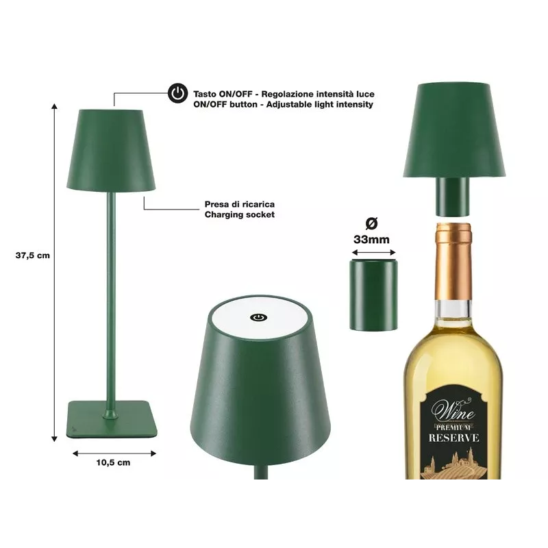 Beper P201UTP115 lampada da tavolo LED ricaricabile, 1,5 W, interruttore touch, dimmerabile, adattatore per bottiglia da 33 mm, resistente all'acqua, verde