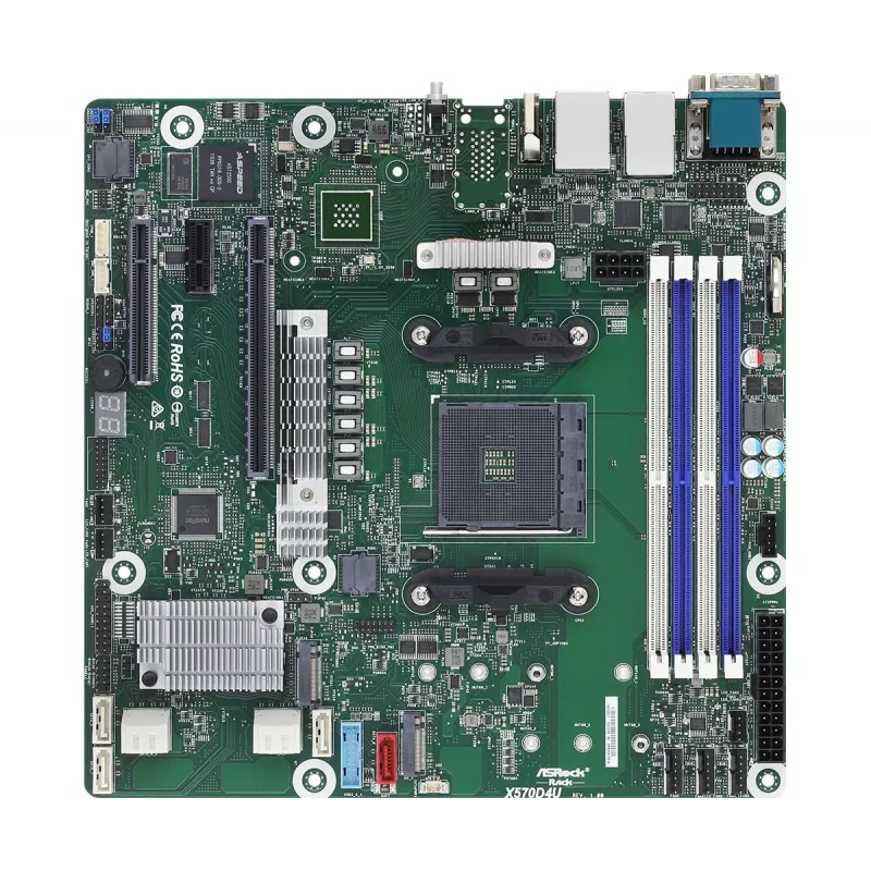 Scheda madre ASRock X570D4U micro ATX — AMD X570, socket AM4, 4× DIMM, DDR4, max 32 GB, 12× SATA III, 3× RJ-45
