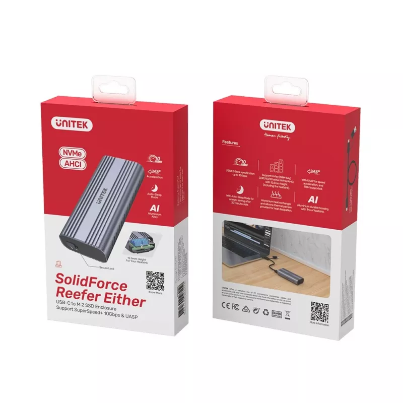Case per SSD Unitek SolidForce Reefer grigio – M.2 NVMe PCIe, USB‑C 10 Gbit/s, alluminio, 1 unità
