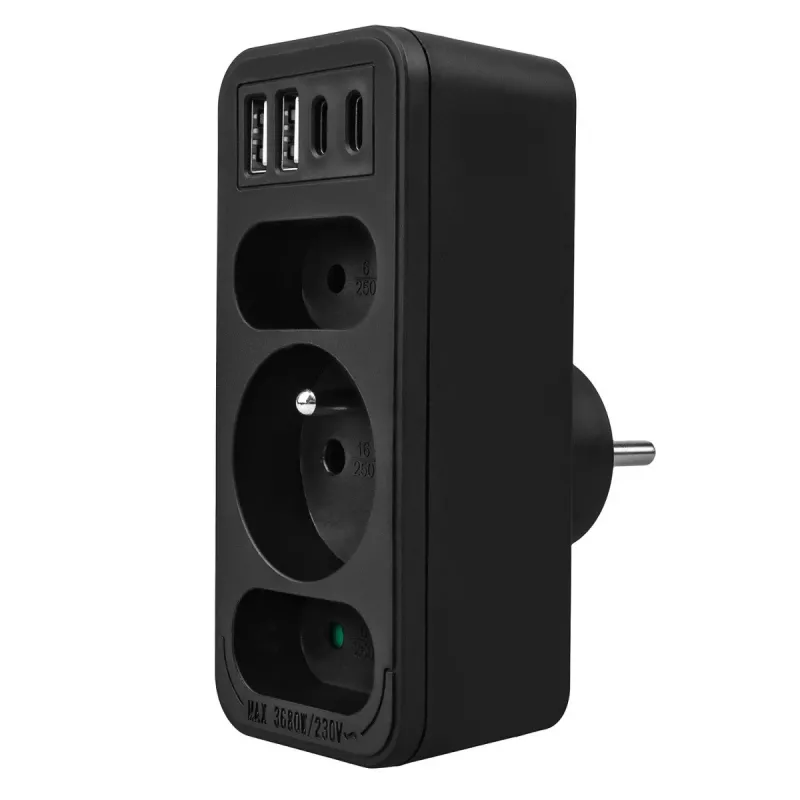 Power splitter MACLEAN MCE248 F/B — 3 prese AC (1x16A, 2x6A) e 4 porte USB (2xUSB‑A, 2xUSB‑C PD 20W), spina EU, nero