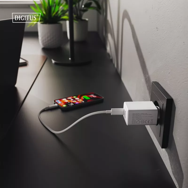 Caricabatterie USB AC DIGITUS 20W, 1x USB-C, 1x USB-A, ingresso 100–240V, bianco