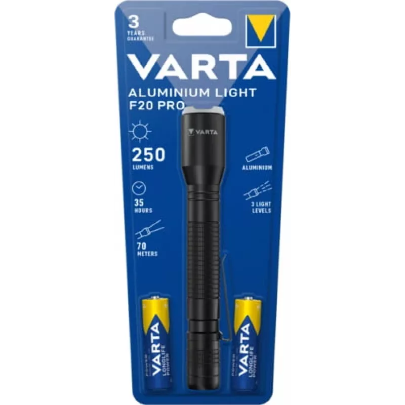 Varta 16607101421 Aluminium Light F20 Pro Torcia LED, 3 modalità di luce, nera