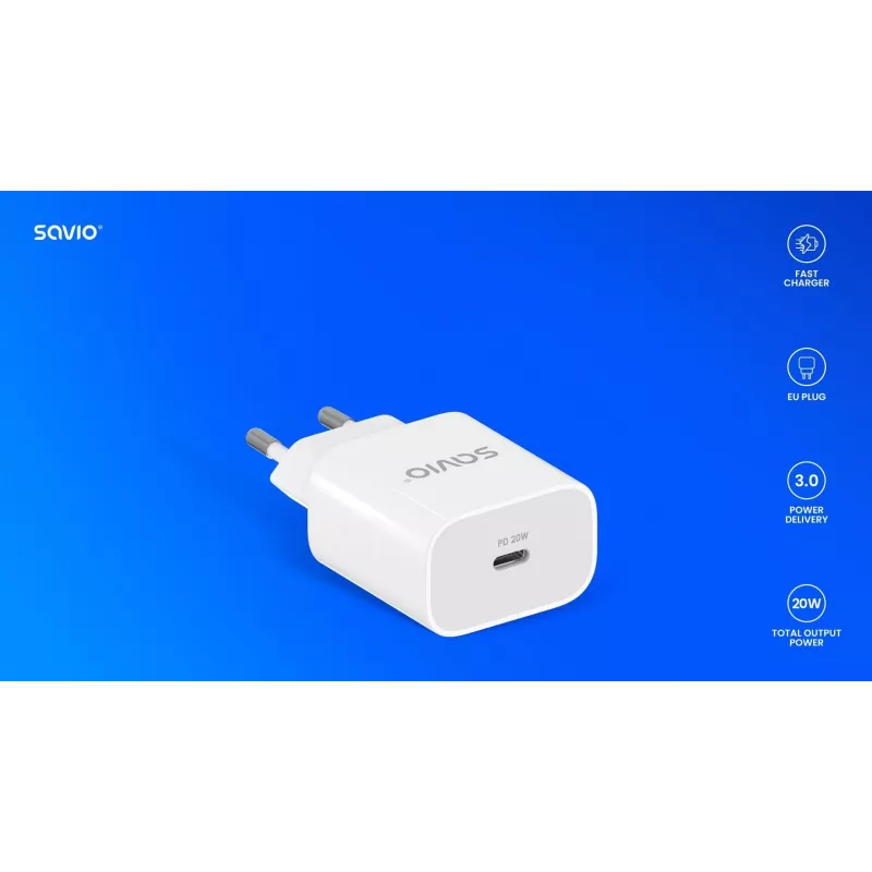 Caricabatterie da parete 20W LA-09 USB-C QC, PD 3.0 Savio SAVLA-09