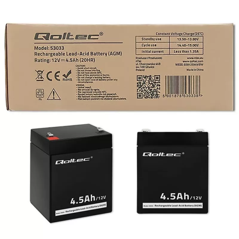 Qoltec 53033 batteria AGM 12 V 4,5 Ah, max 1,35 A, senza manutenzione