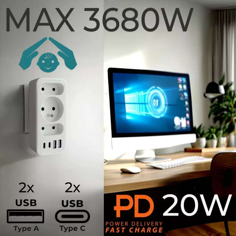 Power splitter MACLEAN MCE248 F/W — 3 prese AC (1×16A, 2×6A) + 4×USB (2×A, 2×C PD 20W), spina EU, bianco