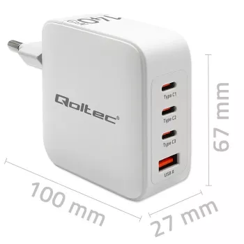 Caricabatterie QOLTEC 51828 140W GaN 3×USB‑C PD + 1×USB‑A QC 3.0 – caricabatterie rapido multiporta