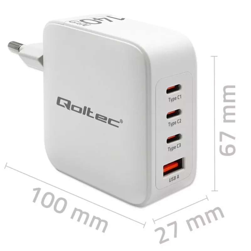 Caricabatterie QOLTEC 51828 140W GaN 3×USB‑C PD + 1×USB‑A QC 3.0 – caricabatterie rapido multiporta