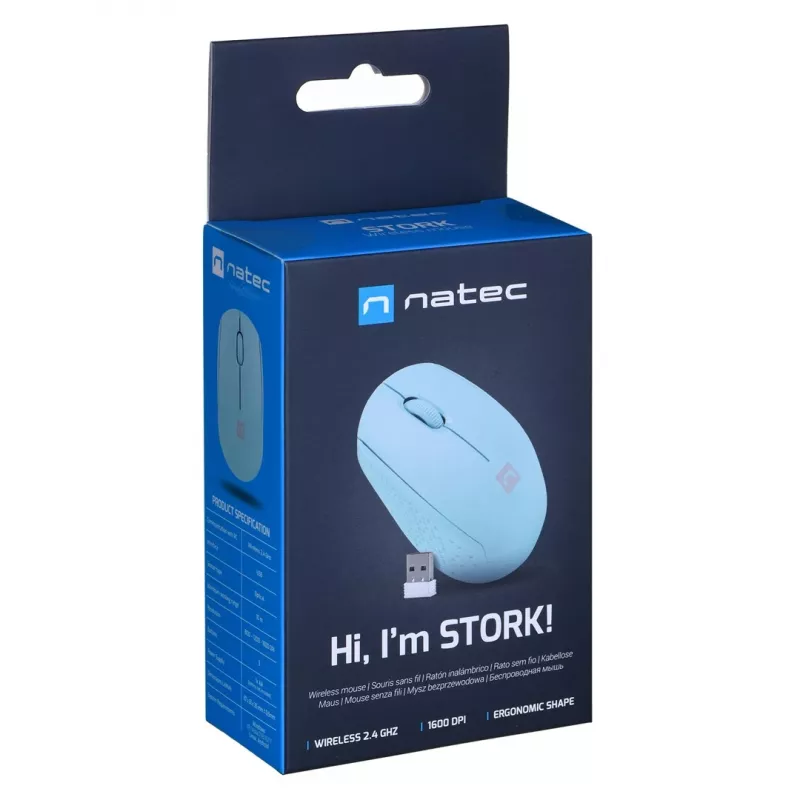 Natec Stork NMY-2001 mouse ottico wireless, 1600 DPI, ricevitore USB, blu