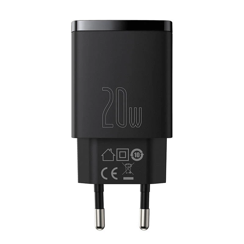 Caricabatterie rapido USB da interno Baseus CCXJ-B01 – 2 porte (USB-C PD 20W + USB-A QC3.0 18W), 100–240 V, nero