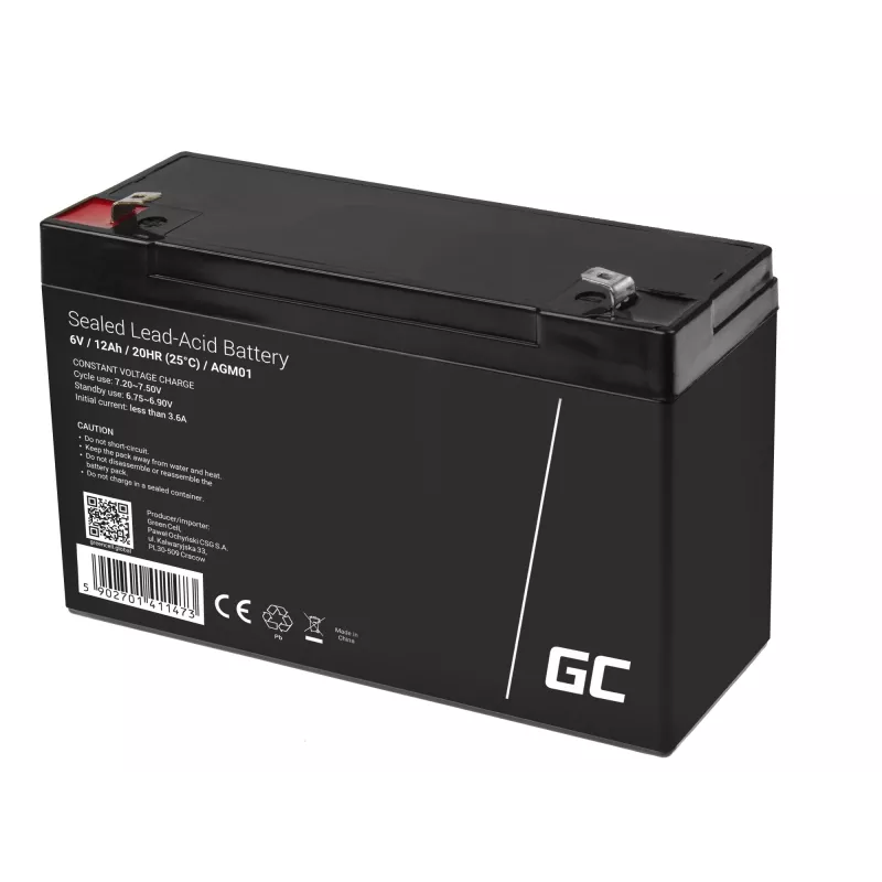 Batteria al piombo-acido sigillata (VRLA) AGM Green Cell 6V 12Ah, 94×151×50 mm, 1,65 kg