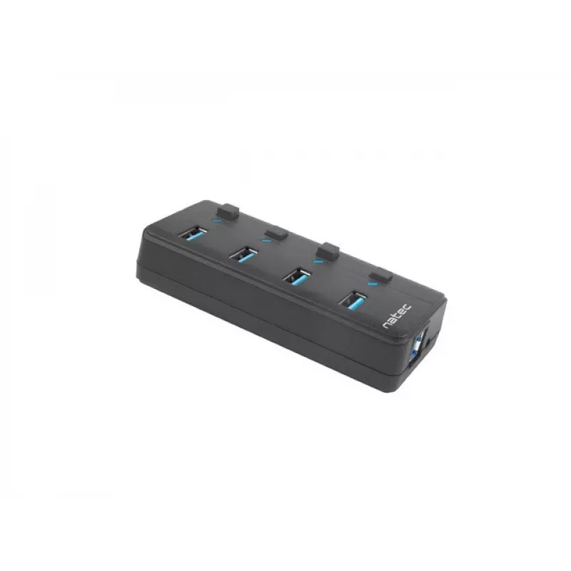 Natec Mantis 2 NHU-1557 hub USB 3.0 a 4 porte, ingresso USB Type-B, interruttori on/off, alimentatore, nero