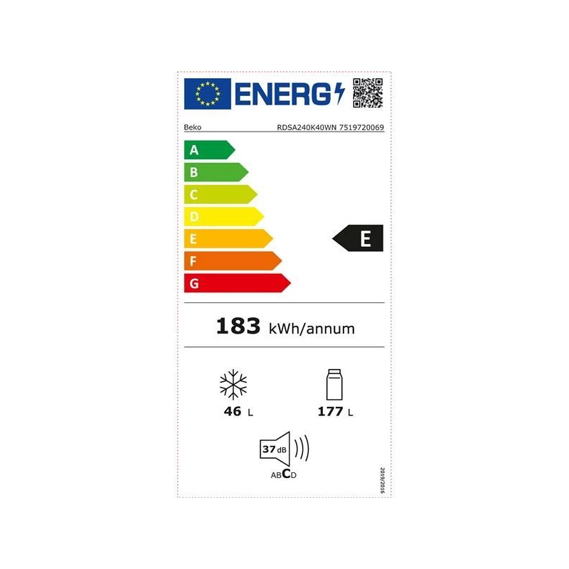 Frigorifero BEKO RDSA240K40WN, classe di efficienza energetica E, altezza 146,5 cm, bianco