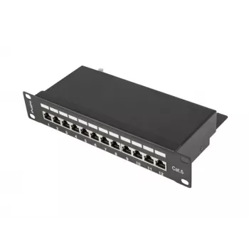 Patch panel LANBERG PPF6-9012-B — 12 porte RJ45, metallo, nero, 1U (215×44,5×130 mm)