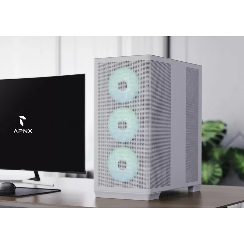 APNX case per PC Midi Tower C1-R-WT-v1 — bianco, supporta ATX/Micro-ATX/Mini-ITX, 3 ventole frontali da 120 mm preinstallate, 3 vani da 3,5