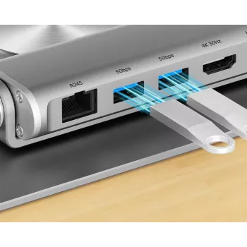 Supporto per laptop Unitek D1109B01 — supporto regolabile in alluminio con USB‑C HDMI 4K PD 100W rimovibile, 2x USB‑A, RJ‑45, per fino a 17 pollici