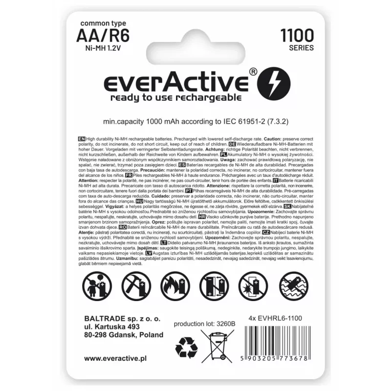 Batterie ricaricabili NiMH everActive EVHRL6-1100 1,2 V 1100 mAh — 4 pz., cilindriche
