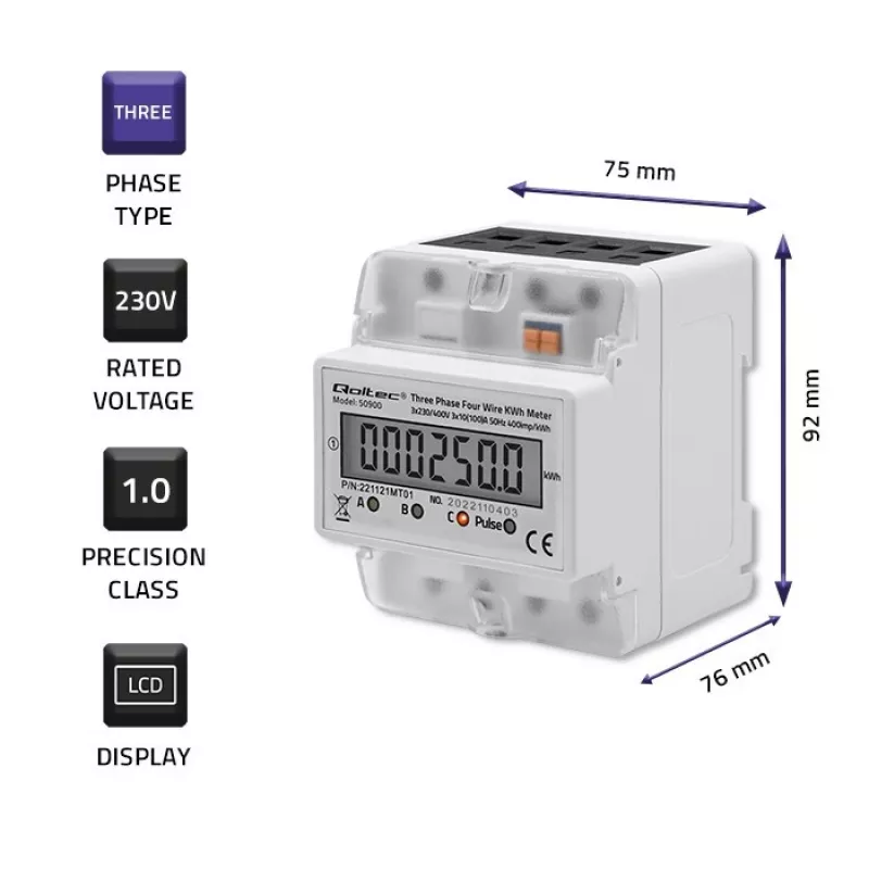 Contatore di energia elettronico trifase QOLTEC 50900 400V LCD 4P