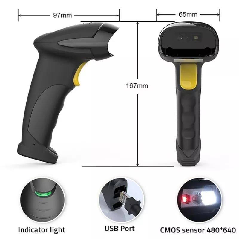 Qoltec 50853 lettore laser di codici a barre portatile 1D/2D, USB cablato, cavo da 1,65 m, 97x65x167 mm, 105 g, nero