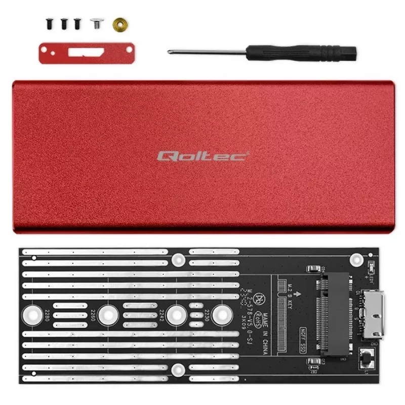 Case per SSD QOLTEC 51831 USB 3.0 per unità M.2 SATA fino a 2 TB, rosso, supporta lunghezza 30 mm, fino a 4 unità