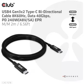 CLUB3D cavo USB4 Gen3x2 Type-C bidirezionale 8K60Hz, dati 40Gbps, PD 240W(48V/5A) EPR M/M 2m / 6.56ft