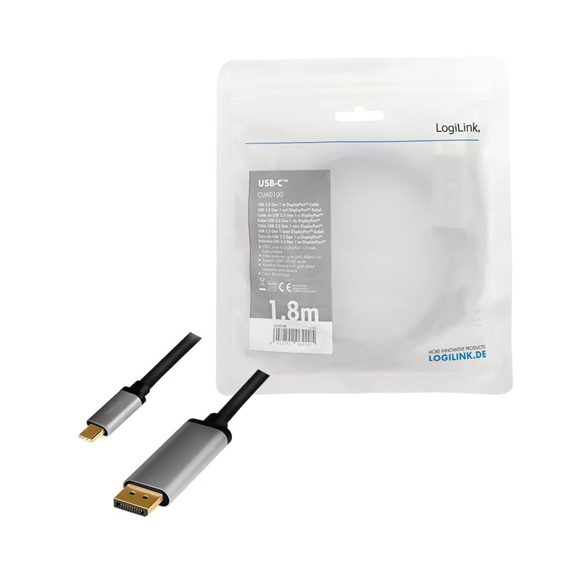 LogiLink CUA0100 Adattatore cavo DisplayPort USB 3.2 Gen1 Type-C 1,8m nero grigio