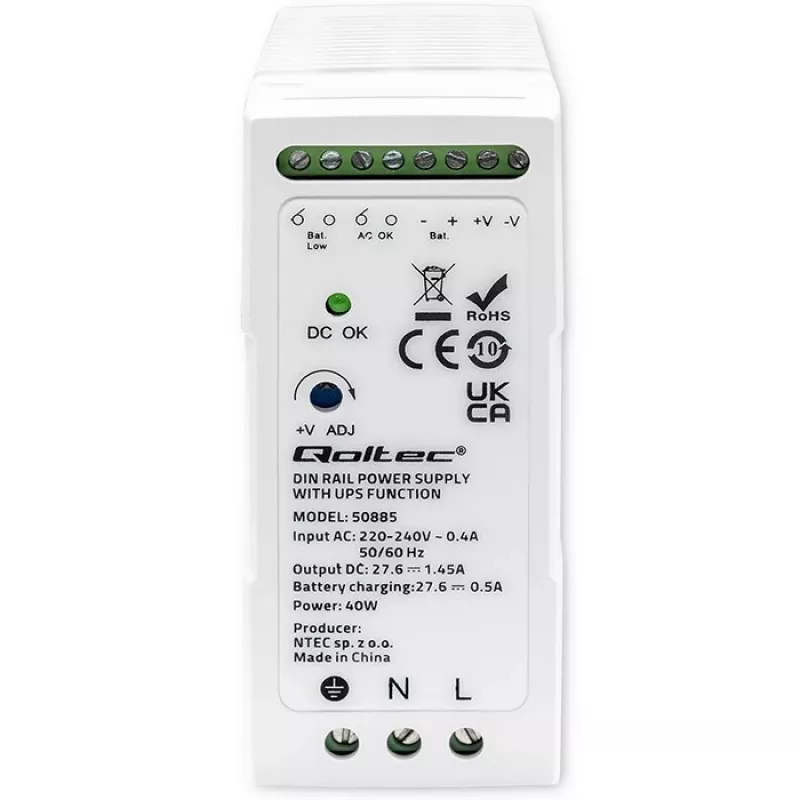 Qoltec 50885 Alimentatore stabile per guida DIN con funzione UPS | 40W