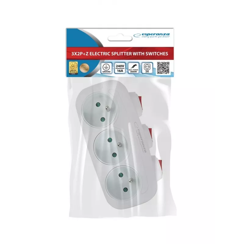 Esperanza ELK307W multipresa elettrica, 3 prese con interruttore, bianca
