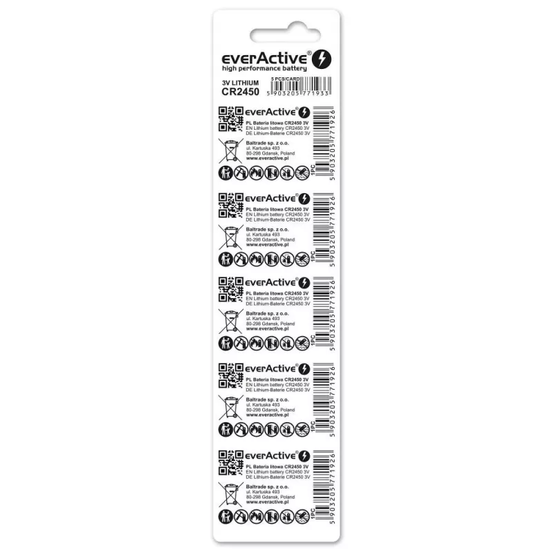 Batteria a bottone al litio everActive CR2450, 3 V, altezza 5 mm — confezione da 5