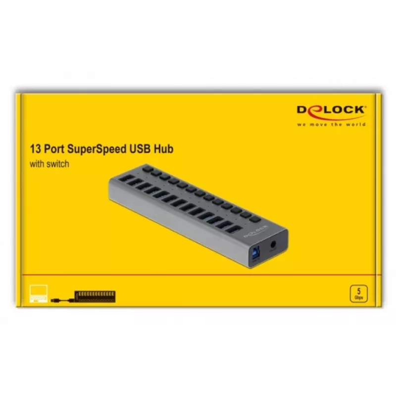 DeLOCK hub USB esterno 5 Gbit/s con 13 porte + interruttore, USB 3.2 Gen 1 (3.1 Gen 1) Type-B, USB 3.2 Gen 1 (3.1 Gen 1) Type-A, 5000 Mbit/s, grigio, alluminio, 1 m