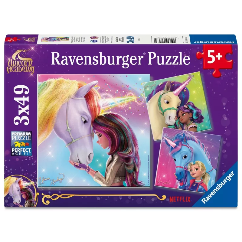 Puzzle Ravensburger Unicorn Academy – 3 x 49 pezzi, set per bambini