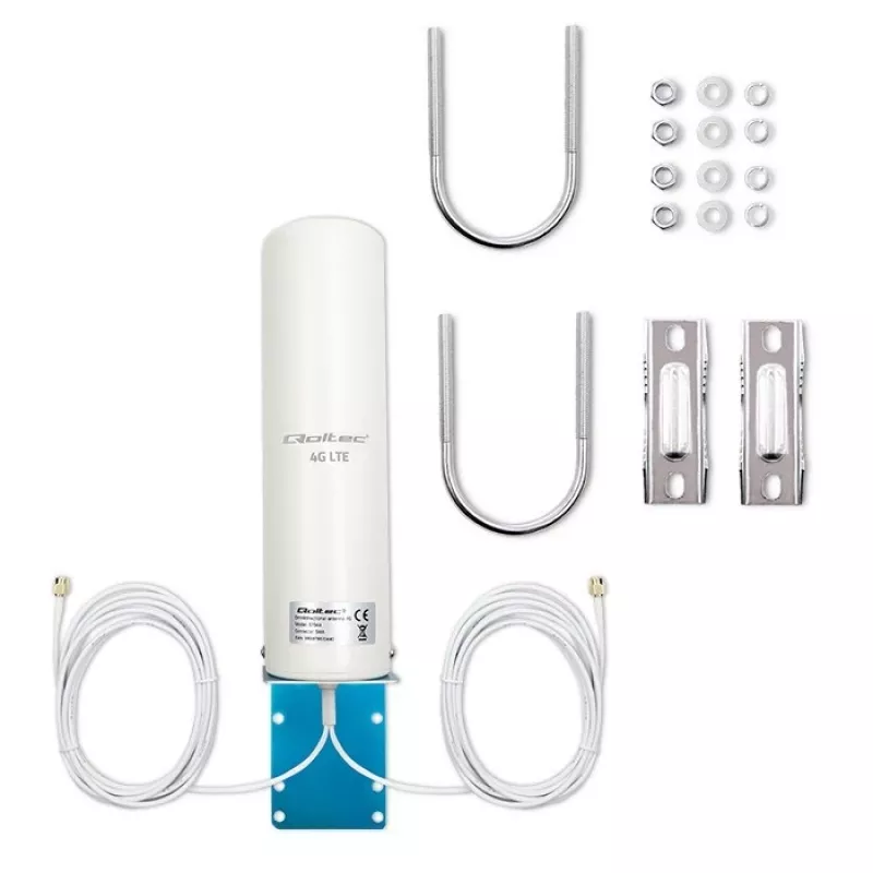 Antenna 4G LTE omnidirezionale per esterno QOLTEC 57044, 5 dBi, 600–2700 MHz, 50 W, 50 Ω, custodia in rame bianco