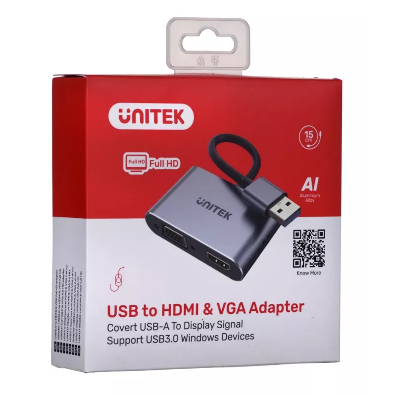 Adattatore per cavo video UNITEK V1304A 0,15 m USB Type-A HDMI + VGA (D-Sub) grigio