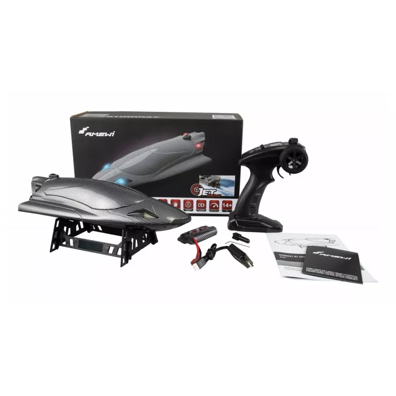 Motoscafo radiocomandato Amewi Stingray Jet Drive 335 mm RTR, effetto carbonio