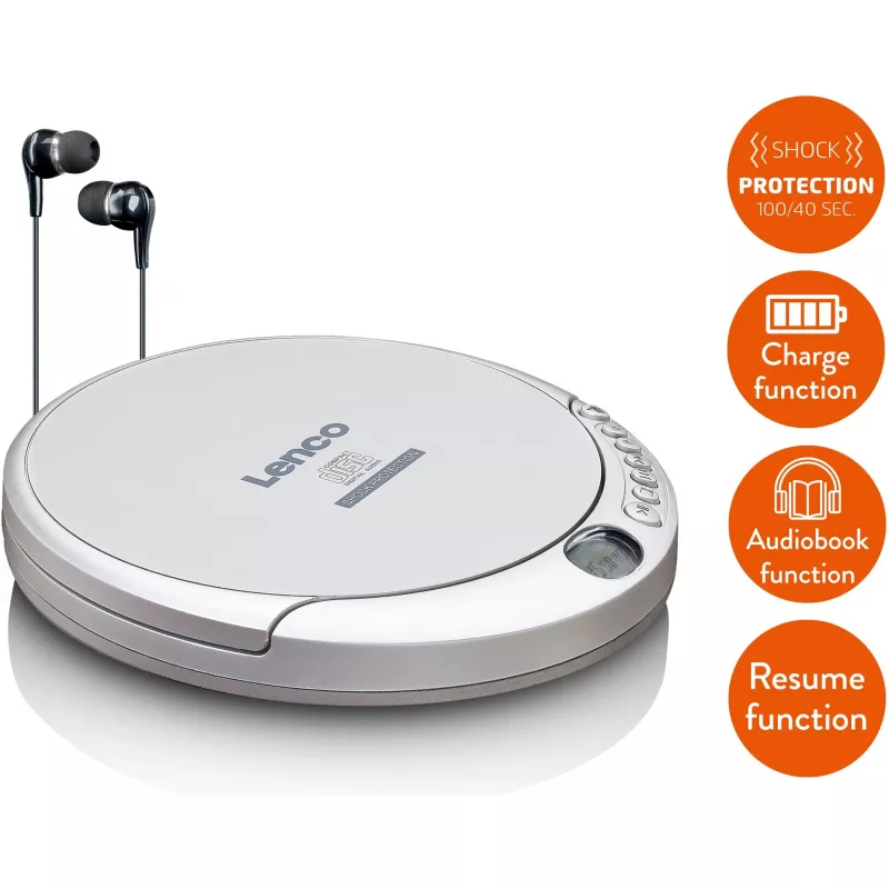 Lettore CD portatile Lenco CD-201SI con funzione audiolibro e ricarica, argento