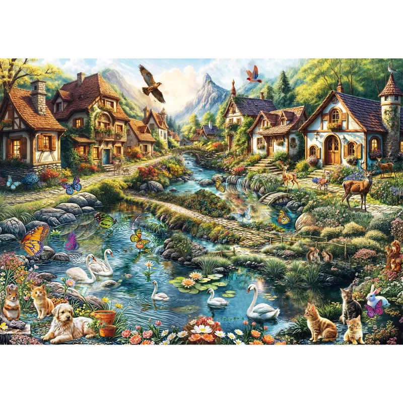 Puzzle 1000 pezzi, Schmidt Spiele Dorf am Waldrand, illustrazione paesaggistica