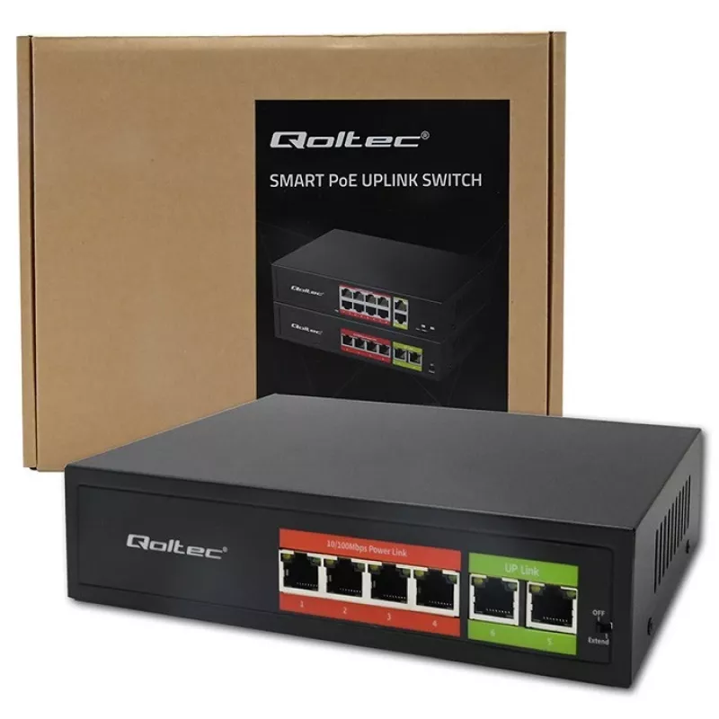 Switch Ethernet PoE QOLTEC 52289 — 4x porte RJ45 PoE, 2x RJ45 uplink, budget PoE 65W