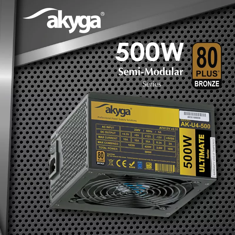 Akyga Ultimate AK-U4-500 alimentatore ATX 500 W, 80 PLUS Bronze, PFC attivo, ventola 120 mm