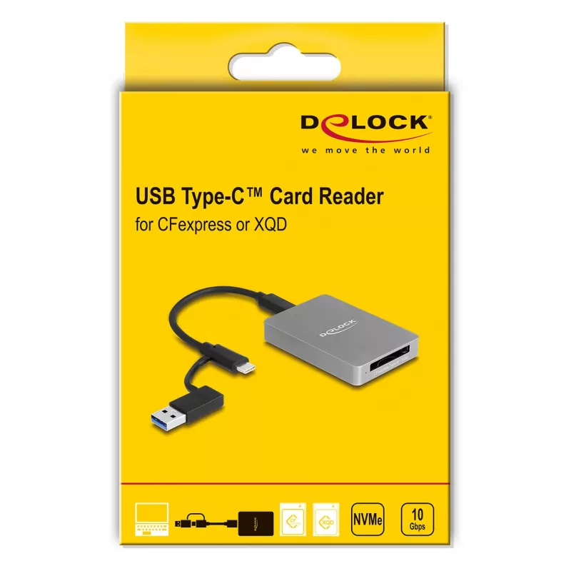 Lettore di schede DeLOCK USB Type-C CFexpress XQD alluminio grigio 10000 Mbit/s