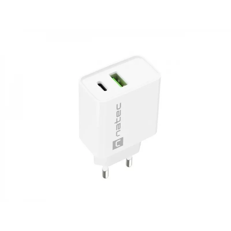 Caricabatterie rapido da parete NATEC RIBERA 12V 20W USB-C PD 3.0 + USB-A Samsung AFC bianco