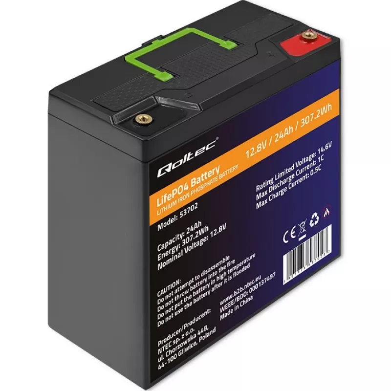 Qoltec 53702 batteria LiFePO4 litio-ferro-fosfato | 12,8V | 24Ah | 307,2Wh | BMS