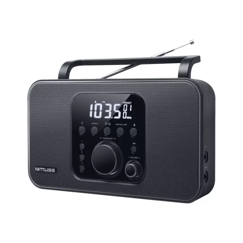 Muse M-091R radio portatile, FM/AM, display LCD, sveglia, ingresso AUX, alimentazione a rete/batteria, nera