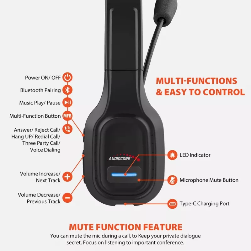 Cuffie Bluetooth con microfono Audiocore 74452 cancellazione del rumore microfono call center Google Siri ufficio senza fili