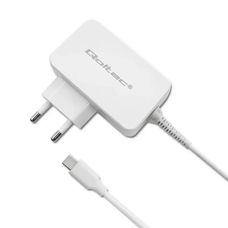 Qoltec 51039 alimentatore 65 W USB-C PD, 5–20,3 V, 2–3,25 A, cavo USB-C integrato, bianco