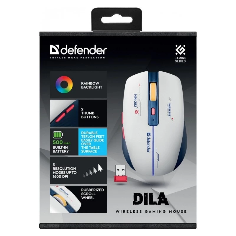 Mouse gaming wireless DEFENDER MM-282 RF — ambidestro, ottico 1800 DPI, 5 tasti, USB, a batteria