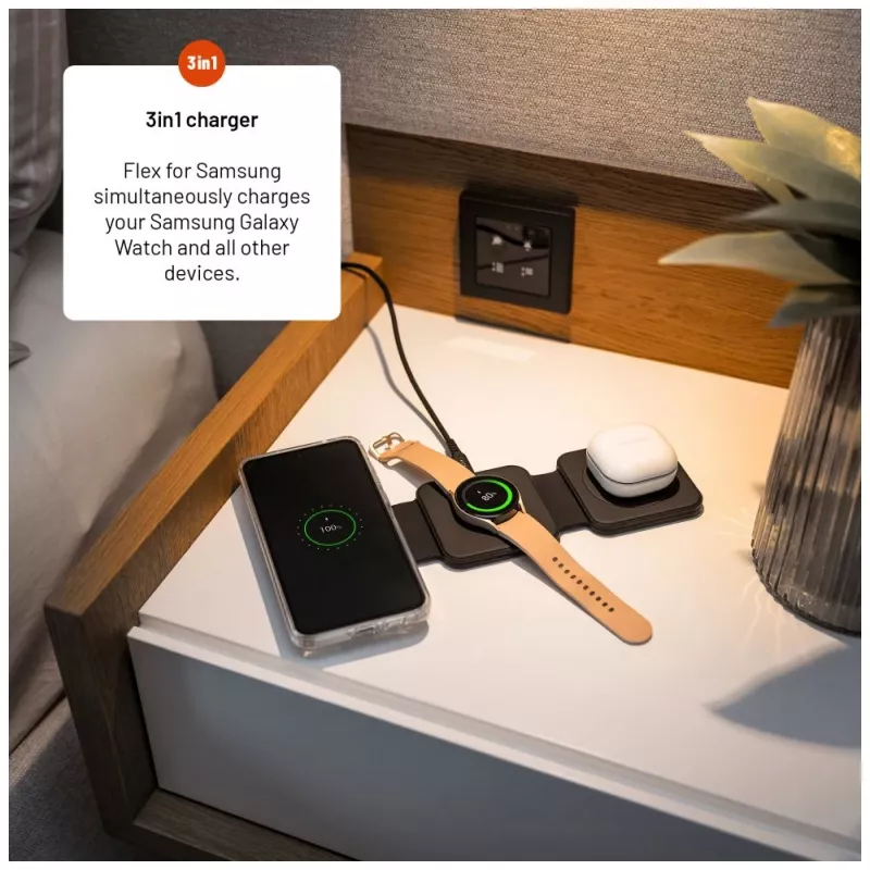 Caricabatterie pieghevole wireless FIXED FIXFLE-SA-BK 3-in-1 per Samsung — caricabatterie portatile compatto per telefono, auricolari, dispositivi indossabili