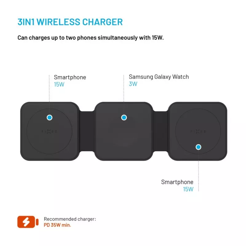 Caricabatterie pieghevole wireless FIXED FIXFLE-SA-BK 3-in-1 per Samsung — caricabatterie portatile compatto per telefono, auricolari, dispositivi indossabili